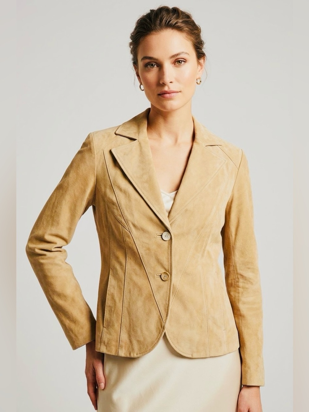 Siena Tan Suede Leather Blazer Jacket Women’s Size 4 Tailored Button Front